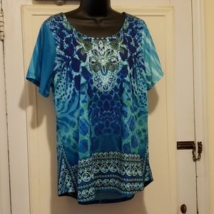 Avenue Blue/Green Print Top w/Rhinestone Accents